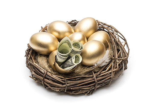 Basket with golden eggs and rolled money.